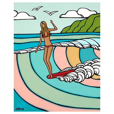 Canvas art print by Hawaii artist Heather Brown featuring a surf girl on a red longboard riding a pastel colored wave.