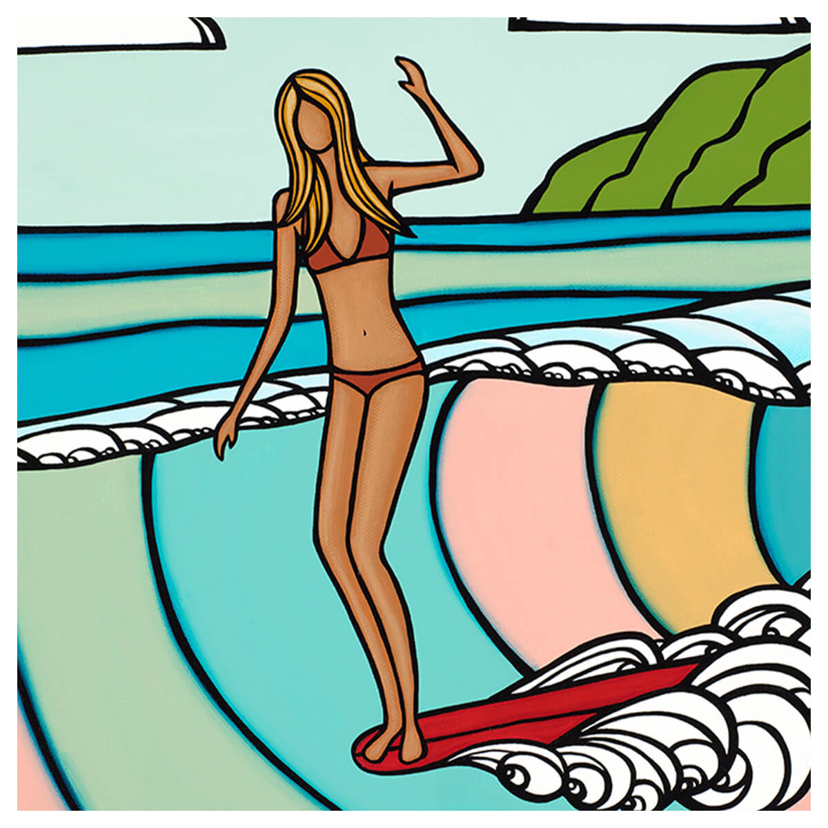 Tropical art by Hawaii artist Heather Brown featuring a surf girl on a red longboard riding a pastel colored wave - surfer detail