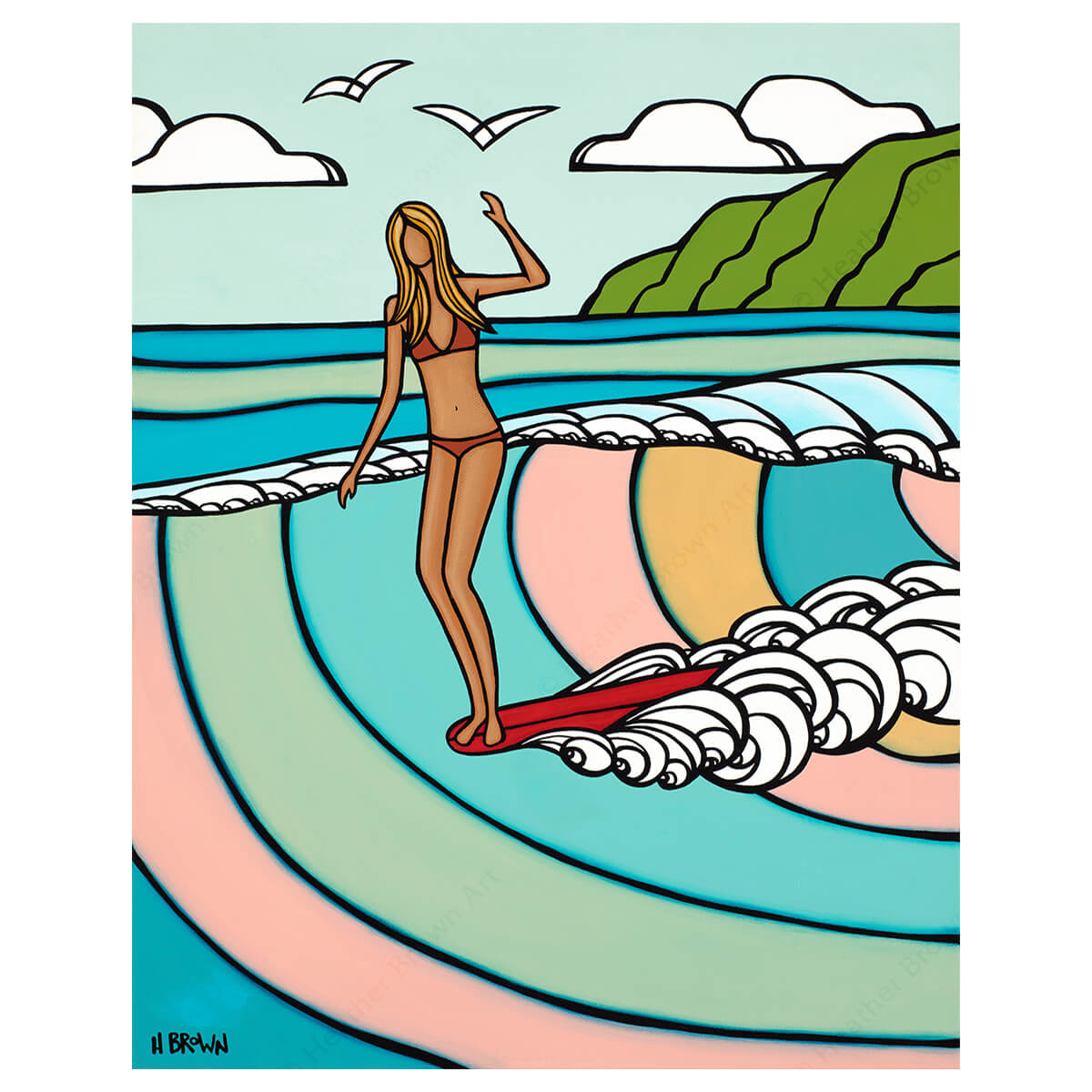Surf art by Hawaii artist Heather Brown featuring a female surfer on a red longboard riding a pastel colored wave.