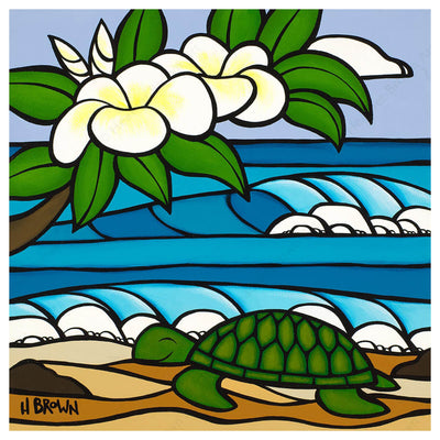 Tropical art by Hawaii artist Heather Brown featuring a sleeping honu, or sea turtle, on the beach underneath a white plumeria tree