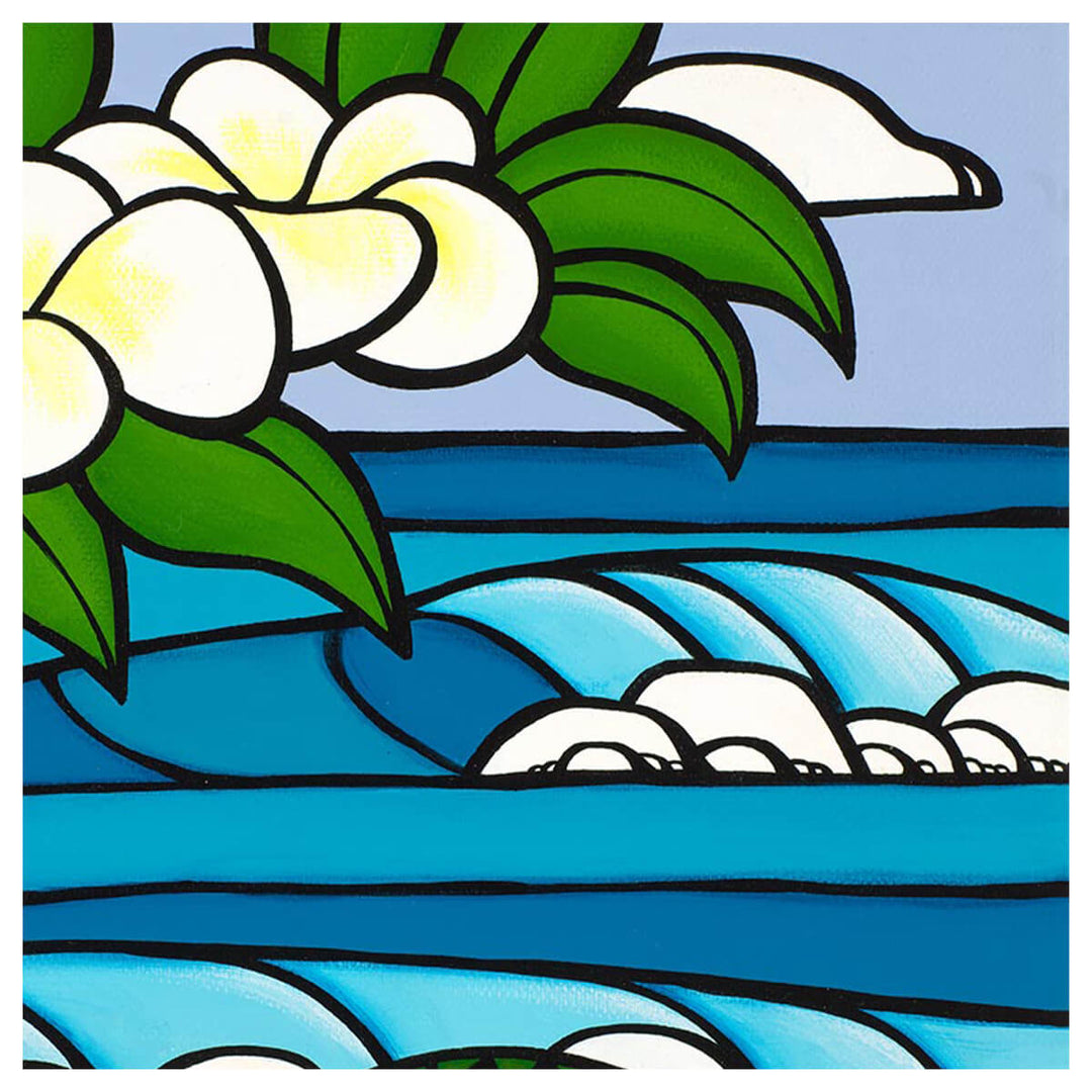 Tropical art print by Hawaii artist Heather Brown featuring a sleeping honu, or sea turtle, on the beach underneath a white plumeria tree - wave detail