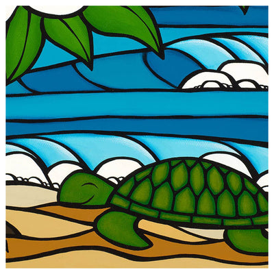 Tropical art print by Hawaii artist Heather Brown featuring a sleeping honu, or sea turtle, on the beach underneath a white plumeria tree - Honu detail