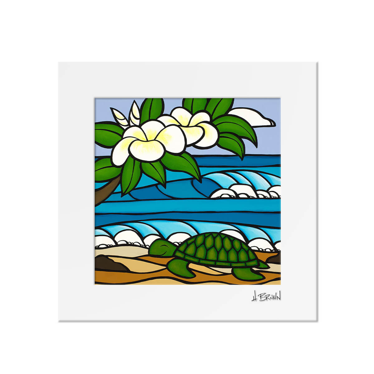 Matted art print by Hawaii artist Heather Brown featuring a sleeping honu, or sea turtle, on the beach underneath a white plumeria tree