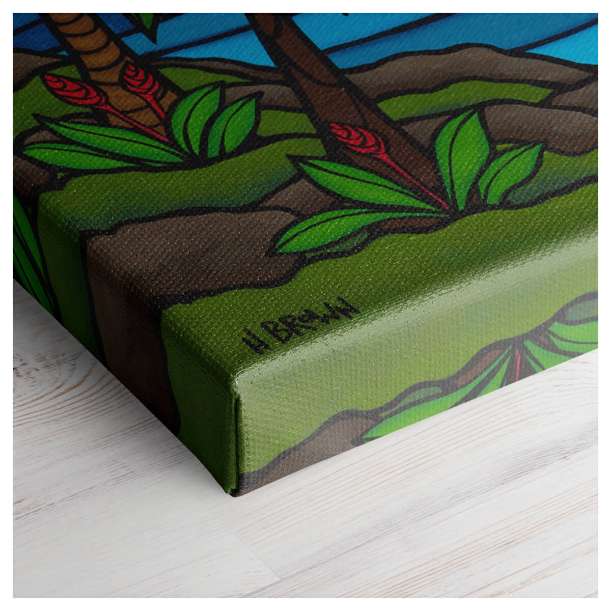 Gallery wrapped edge of colorful canvas art print "Lazy Hibiscus" by Kauai artist Heather Brown.