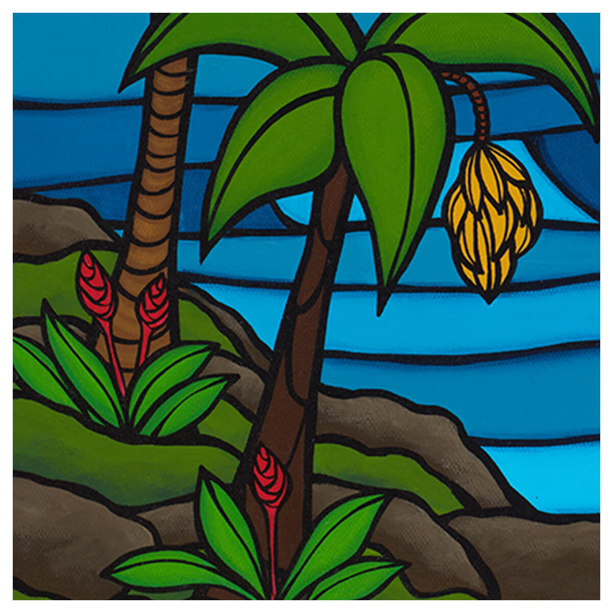 Colorful tropical canvas art by Kauai artist Heather Brown "Lazy Hibiscus" - banana tree detail