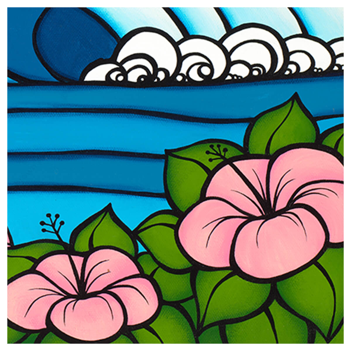 Colorful tropical canvas art by Kauai artist Heather Brown "Lazy Hibiscus" - pink flower detail