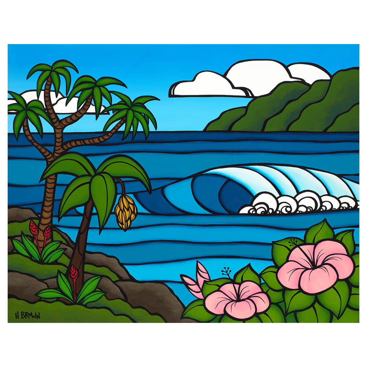 Colorful canvas artwork by Kauai artist Heather Brown featuring a serene Hawaii seascape with a cresting wave, framed by pink hibiscus flowers and a banana tree with green mountains in the distance.