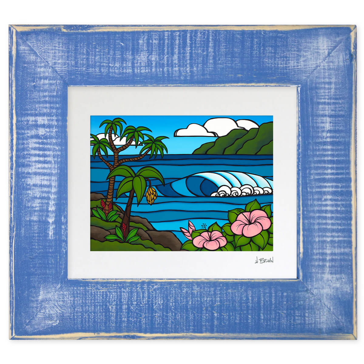 Matted tropical print in a blue frame by Hawaii artist Heather Brown featuring a Hawaii seascape with a cresting wave, framed by pink hibiscus flowers and a banana tree with green mountains in the distance.