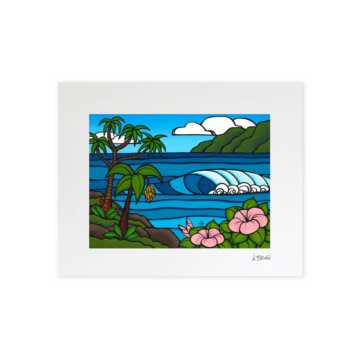 Matted art print by Hawaii artist Heather Brown featuring a tropical Hawaii seascape with a cresting wave, framed by pink hibiscus flowers and a banana tree with green mountains in the distance.
