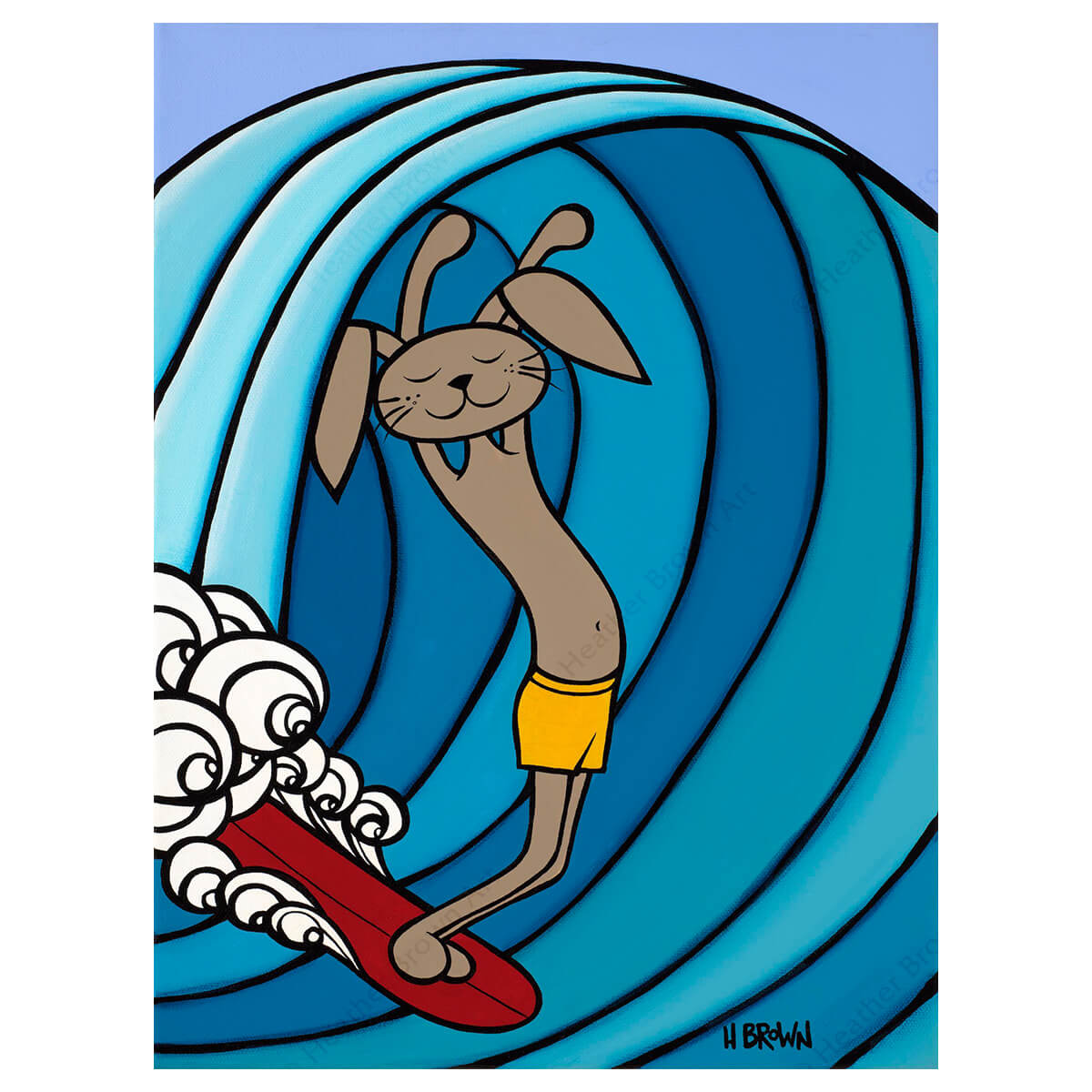 Original Hawaii art by Heather Brown featuring a brave bunny surfing a wave on a red surfboard.