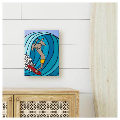 Hawaii kids surf art print by Heather Brown featuring a bunny surfing on a red longboard.