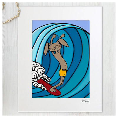 Playful matted kids surf art print by Hawaii artist Heather Brown featuring a bunny on a red surfboard