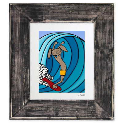 Playful framed matted kids surf art print by Hawaii artist Heather Brown featuring a bunny on a red surfboard