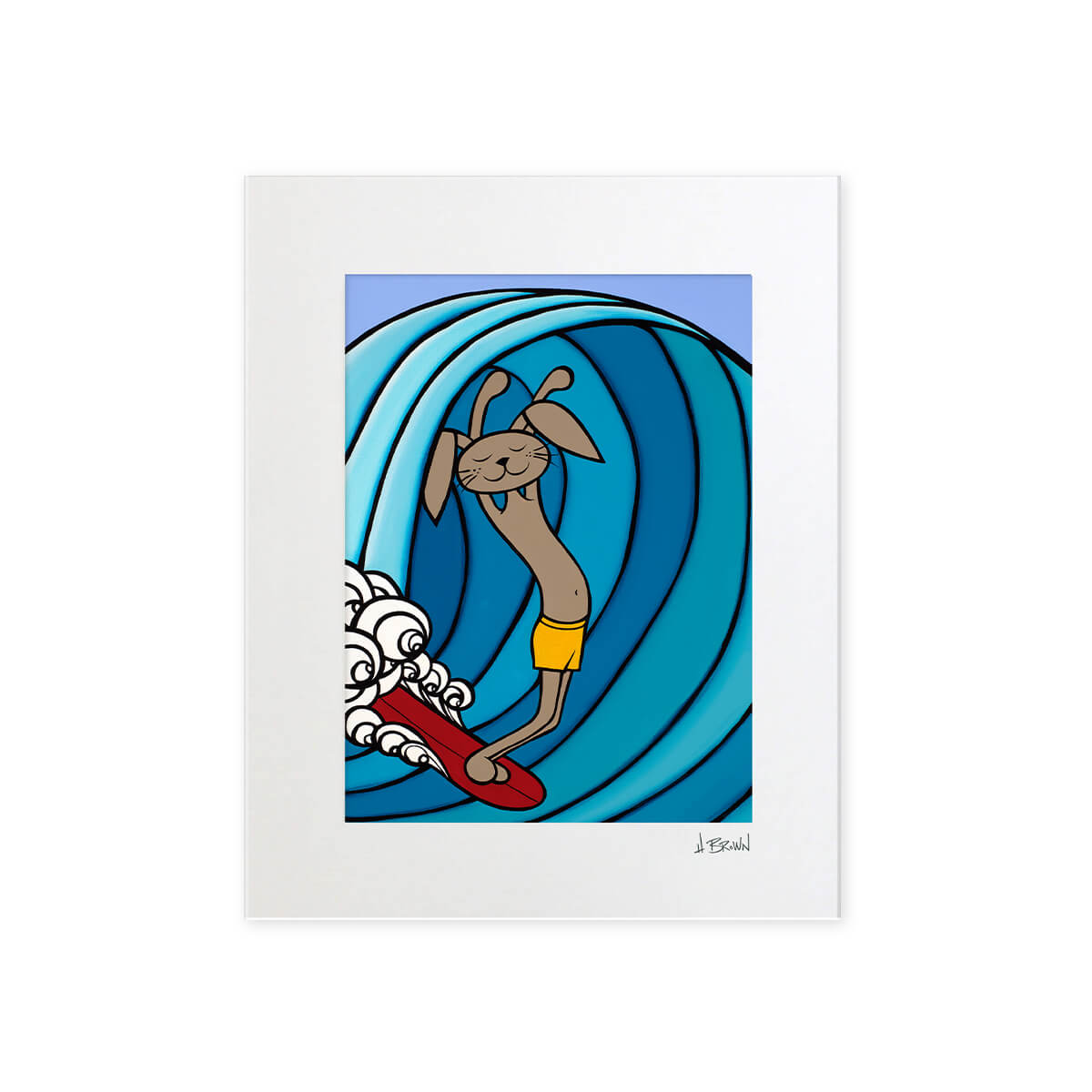 Whimsical matted kids surf art print by Hawaii artist Heather Brown featuring a bunny on a red surfboard