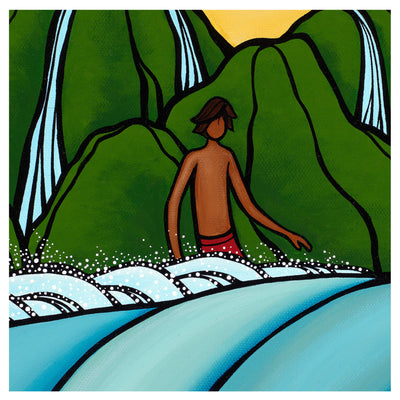 Detail view of male surfer in "Pinetrees" painting by Hawaii artist Heather Brown