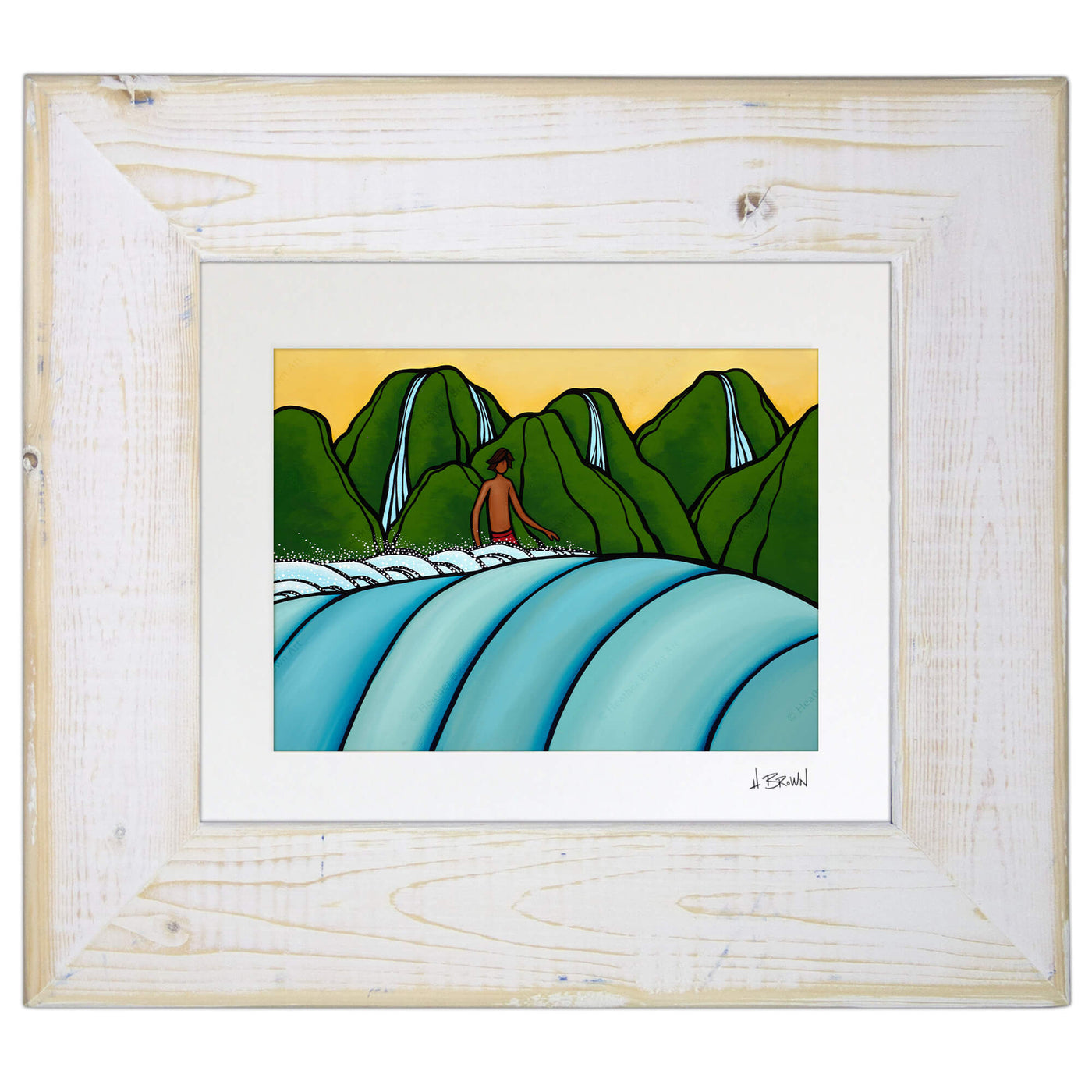 Matted art print in white wooden frame by Hawaii artist Heather Brown featuring a male surfer at Kauai surf break "Pinetrees"