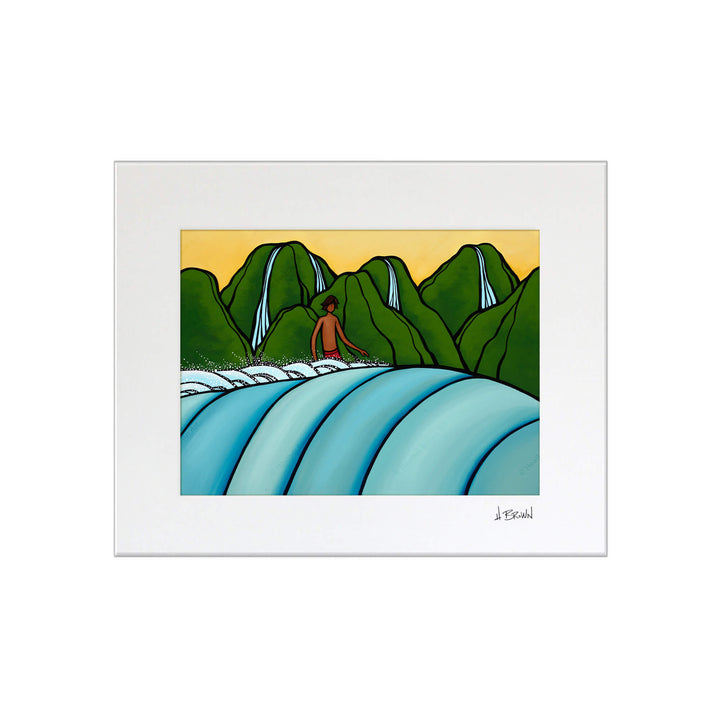Matted art print by Hawaii artist Heather Brown featuring a male surfer at Kauai surf break "Pinetrees"