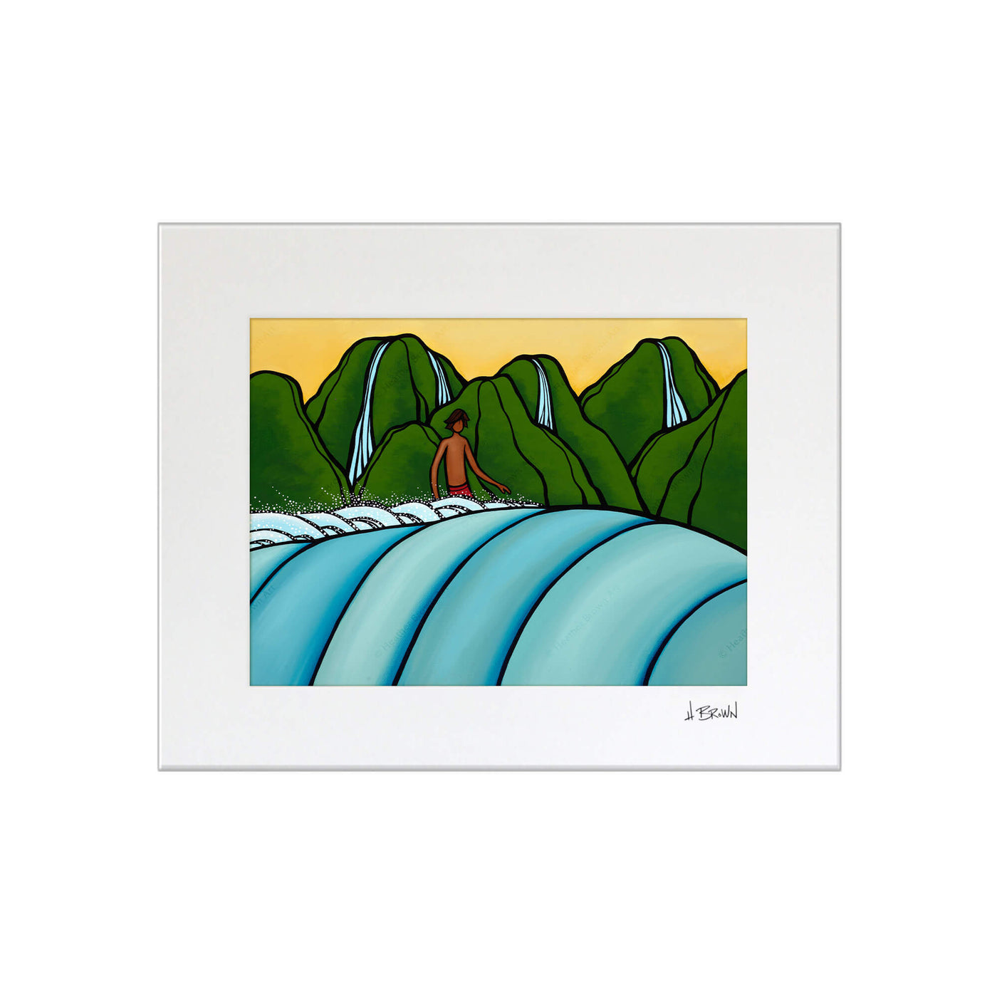 Matted art print by Hawaii artist Heather Brown featuring a male surfer at Kauai surf break "Pinetrees"