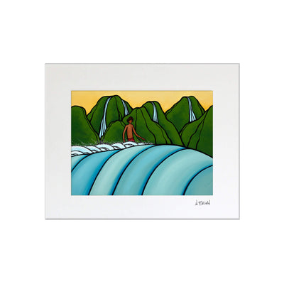 Matted art print by Hawaii artist Heather Brown featuring a male surfer at Kauai surf break "Pinetrees"