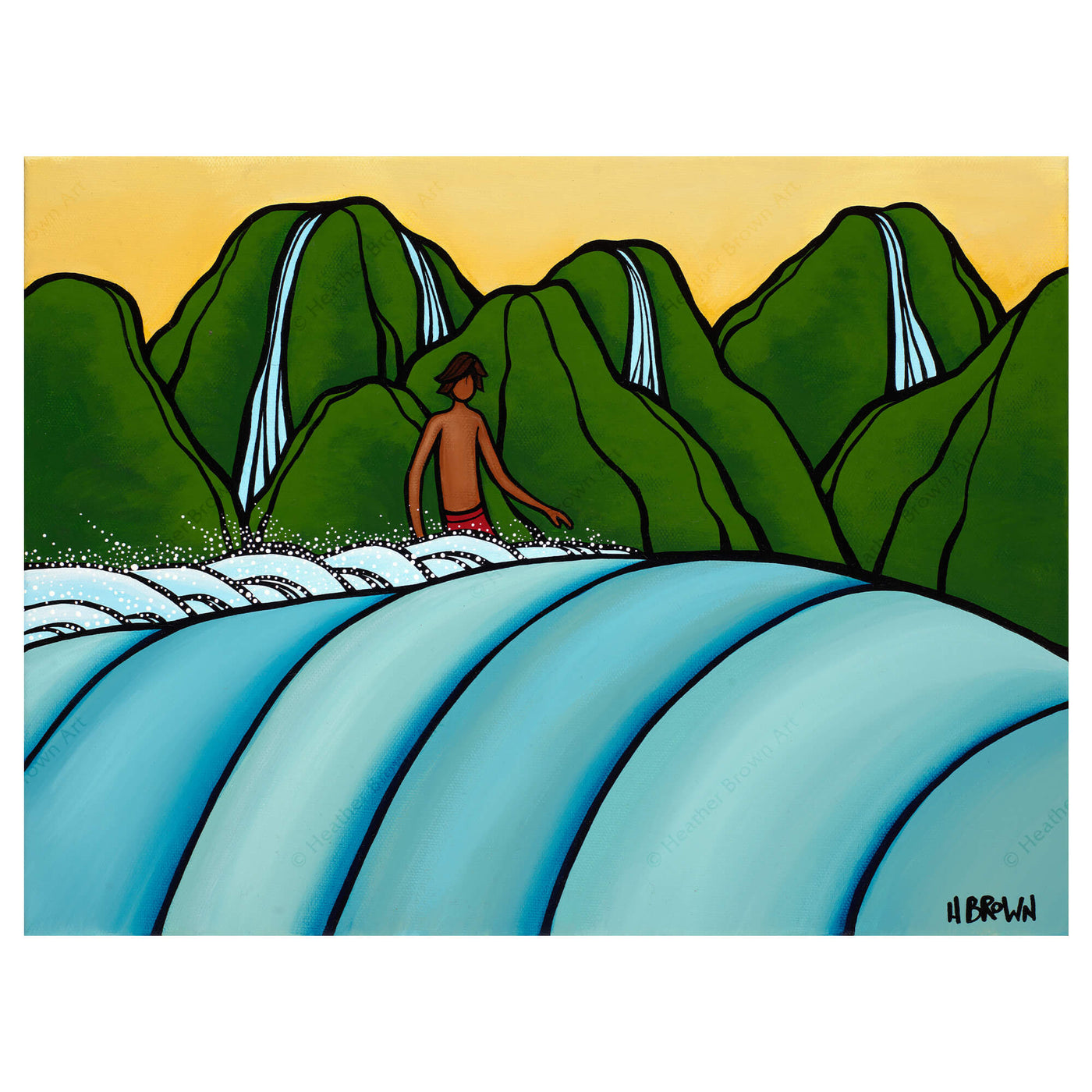 Art by Hawaii artist Heather Brown featuring a male surfer at Kauai surf break "Pinetrees"