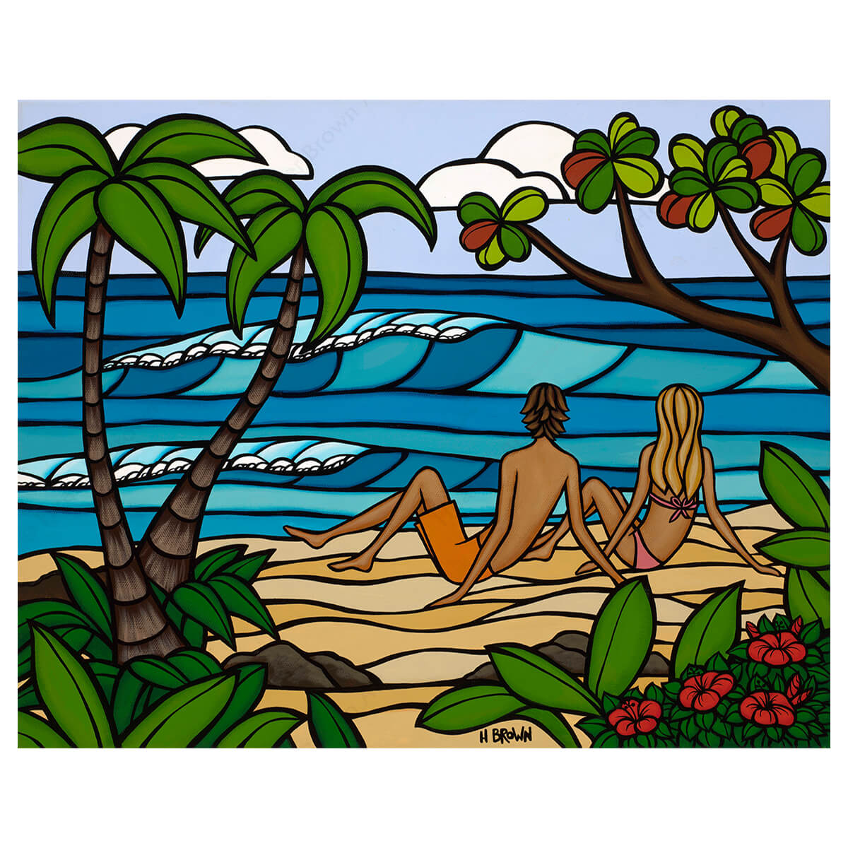 Romantic tropical artwork by Hawaii surf artist Heather Brown, featuring a couple on a secluded beach 