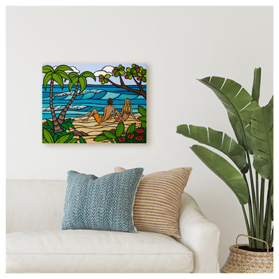 Romantic tropical canvas giclee art print coastal decor by Hawaii surf artist Heather Brown, featuring a couple on a secluded beach