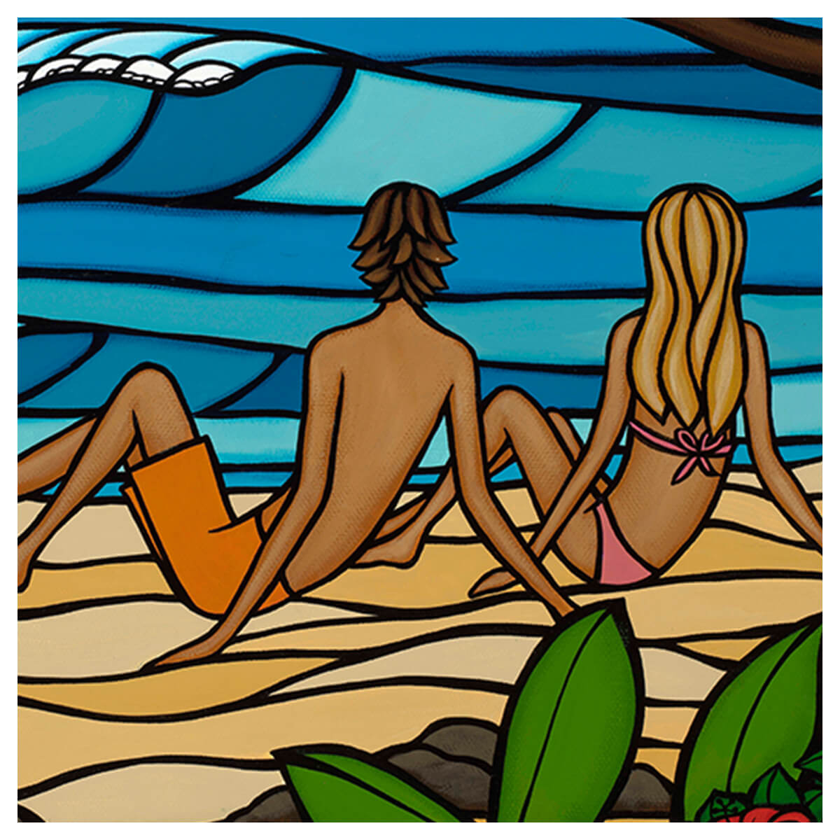 Romantic art by Hawaii artist Heather Brown featuring a pair of surfers relaxing on a secluded tropical beach - couple detail