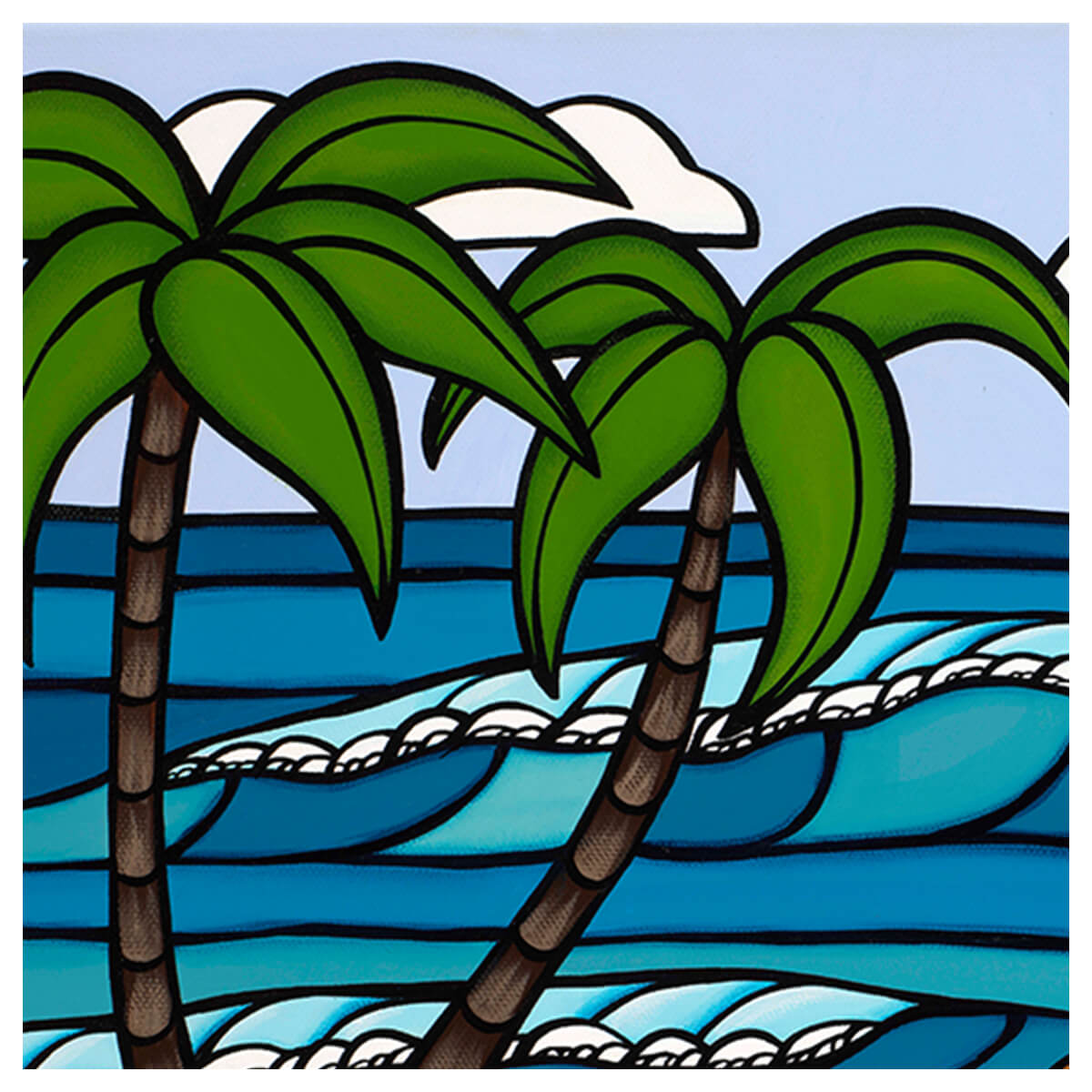Romantic art by Hawaii artist Heather Brown featuring a couple relaxing on a secluded tropical beach - palm tree detail
