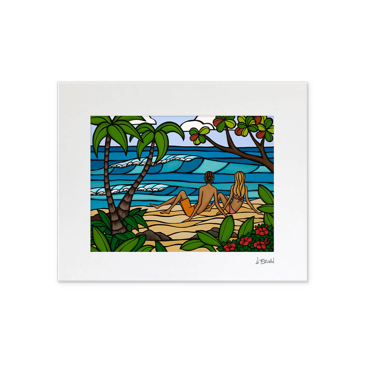 Romantic matted art print by Hawaii artist Heather Brown featuring a couple relaxing on a secluded tropical beach.