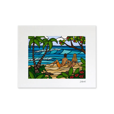 Romantic matted art print by Hawaii artist Heather Brown featuring a couple relaxing on a secluded tropical beach.