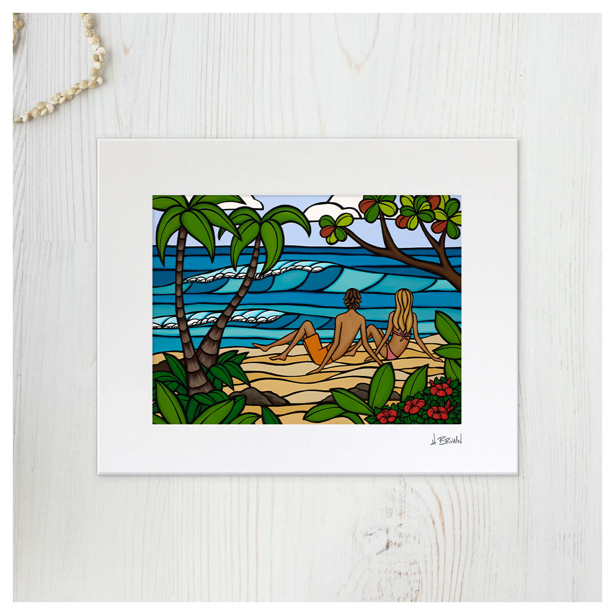 Romantic matted art print by surf artist Heather Brown featuring a couple relaxing on a secluded tropical beach.