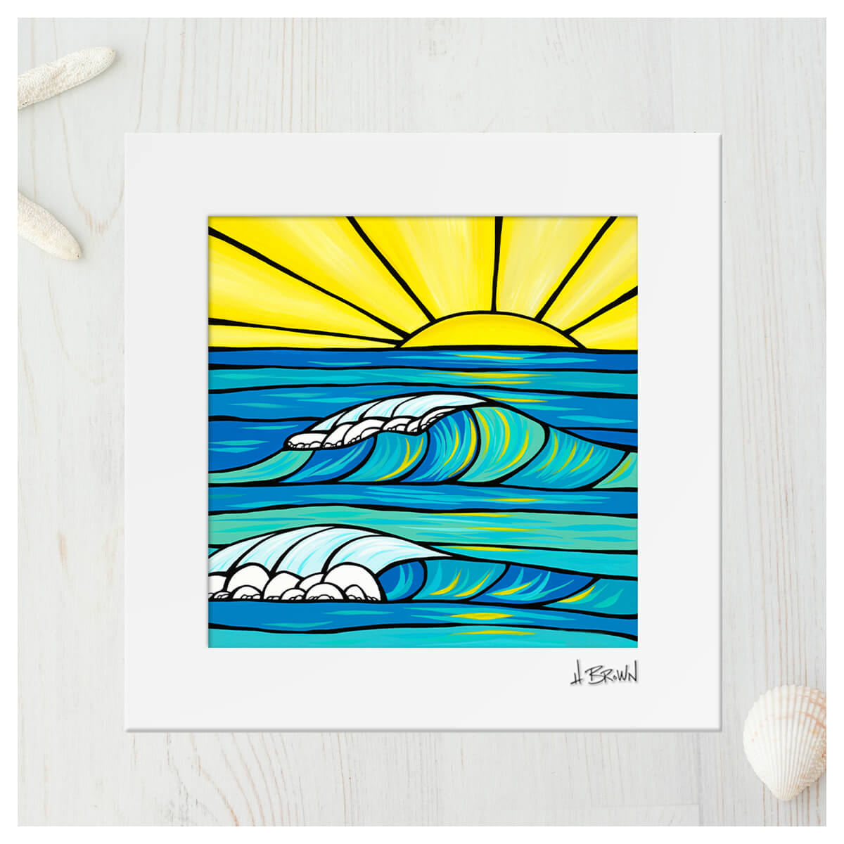 cheerful hawaii seascape art print "lucky sunrise" by Kauai surf artist heather brown - flatlay with seashells