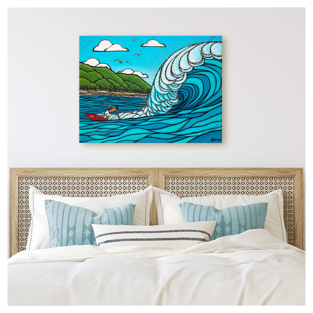 Gerry Lopez riding the epic waves of Hawaii by Hawaii surf artist Heather Brown