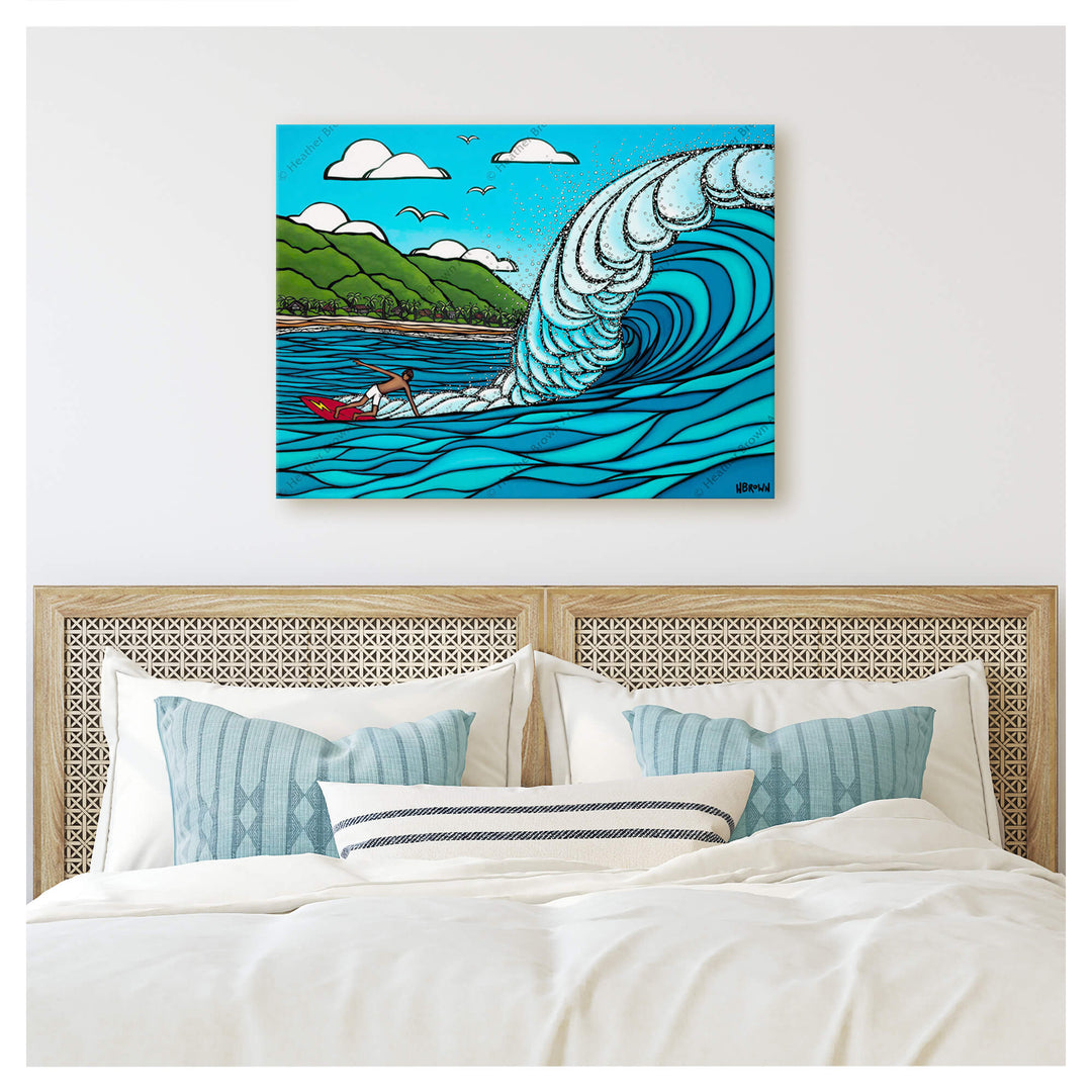 Gerry Lopez riding the epic waves of Hawaii by Hawaii surf artist Heather Brown