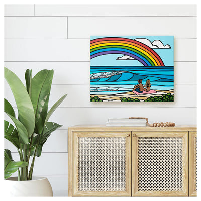 Large canvas wall art mockup of Hawaii rainbow couple beach art by surf artist Heather Brown