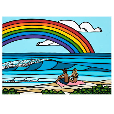 Love Under the Rainbow - Painting of a couple enjoying a romantic day at the beach with a classic Hawaiian rainbow off into the distance by surf artist Heather Brown