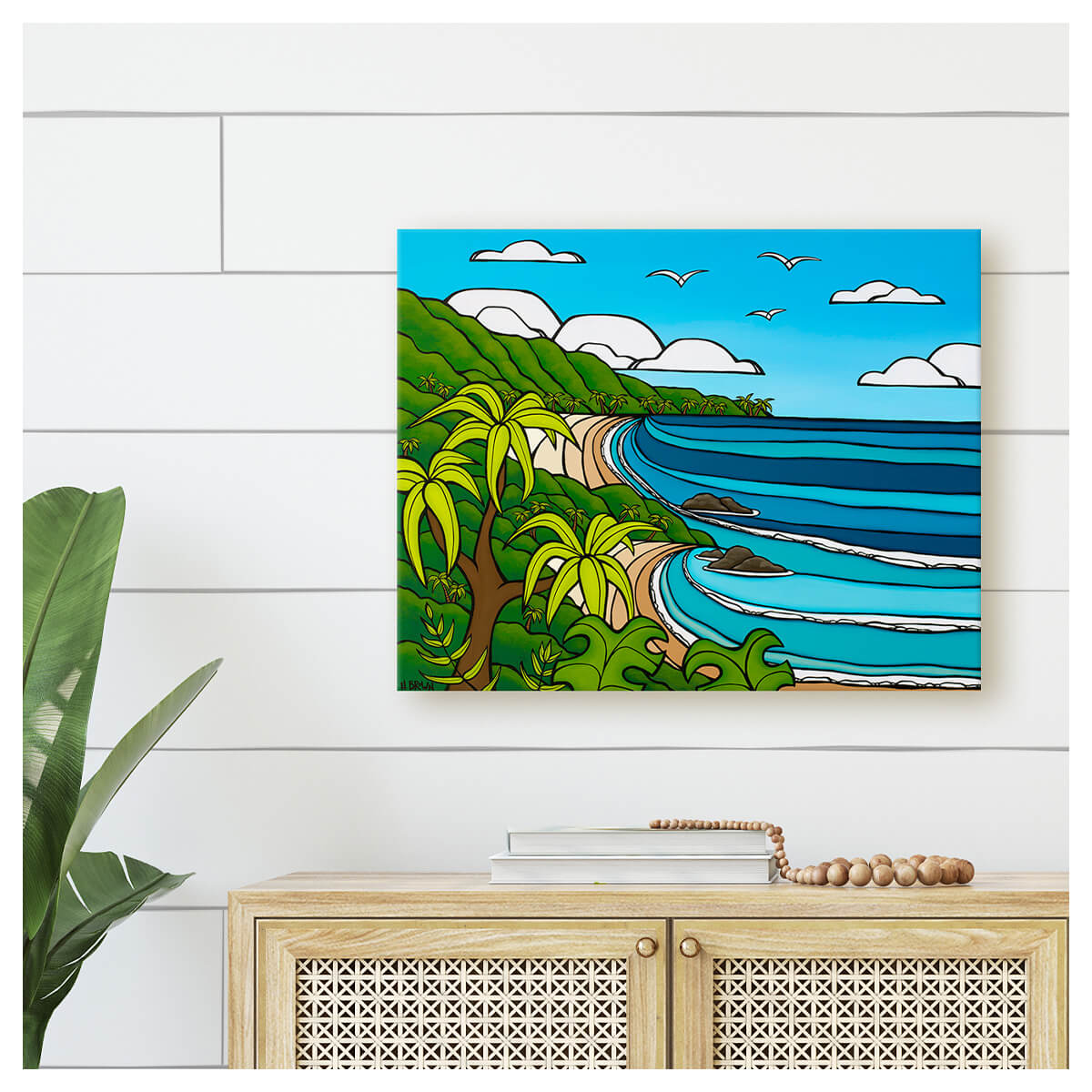 Tropical hawaiian seascape canvas art outer island paradise by surf artist Heather Brown  - wall mockup