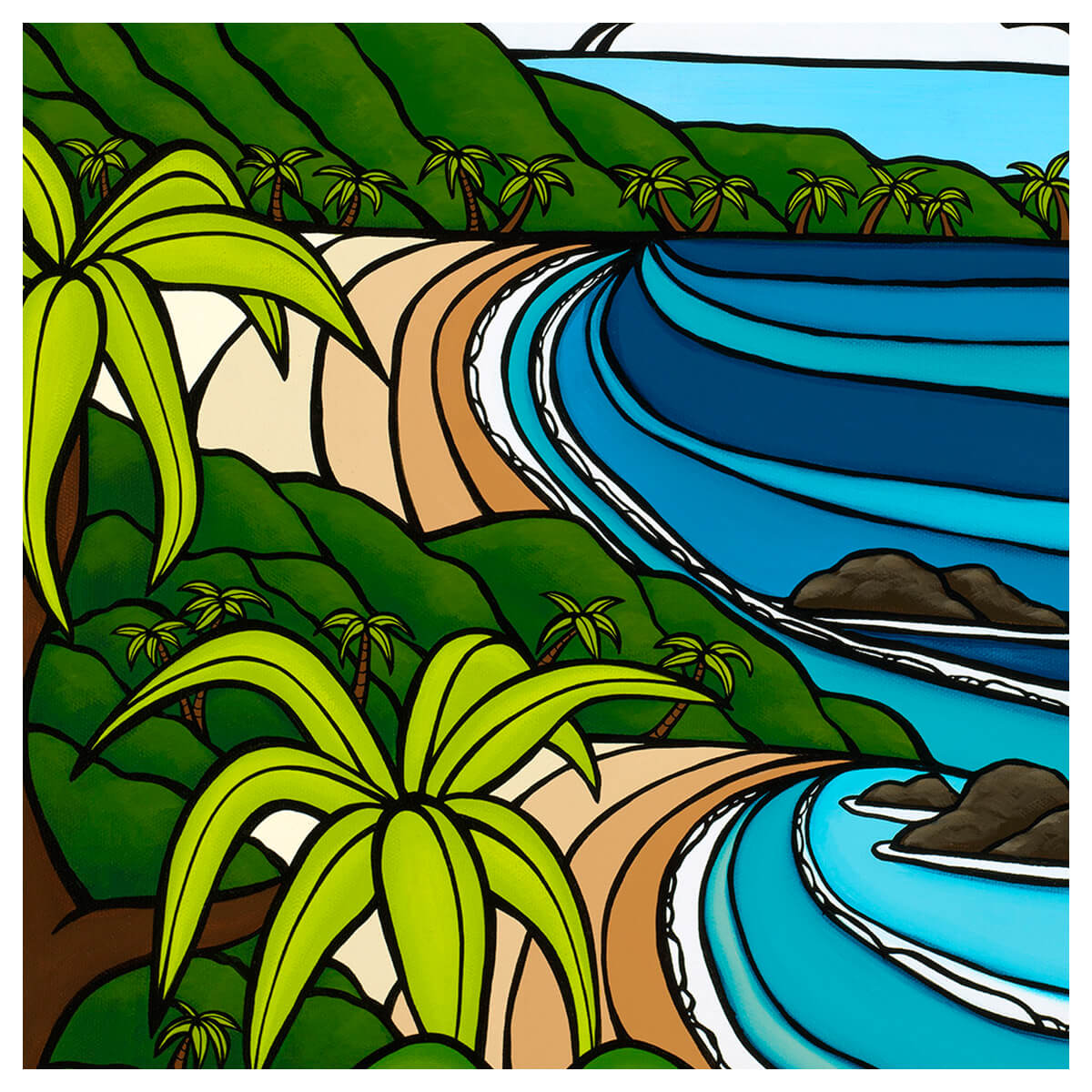 matted tropical seascape art print of outer island paradise by Kauai artist Heather Brown - coastal detail