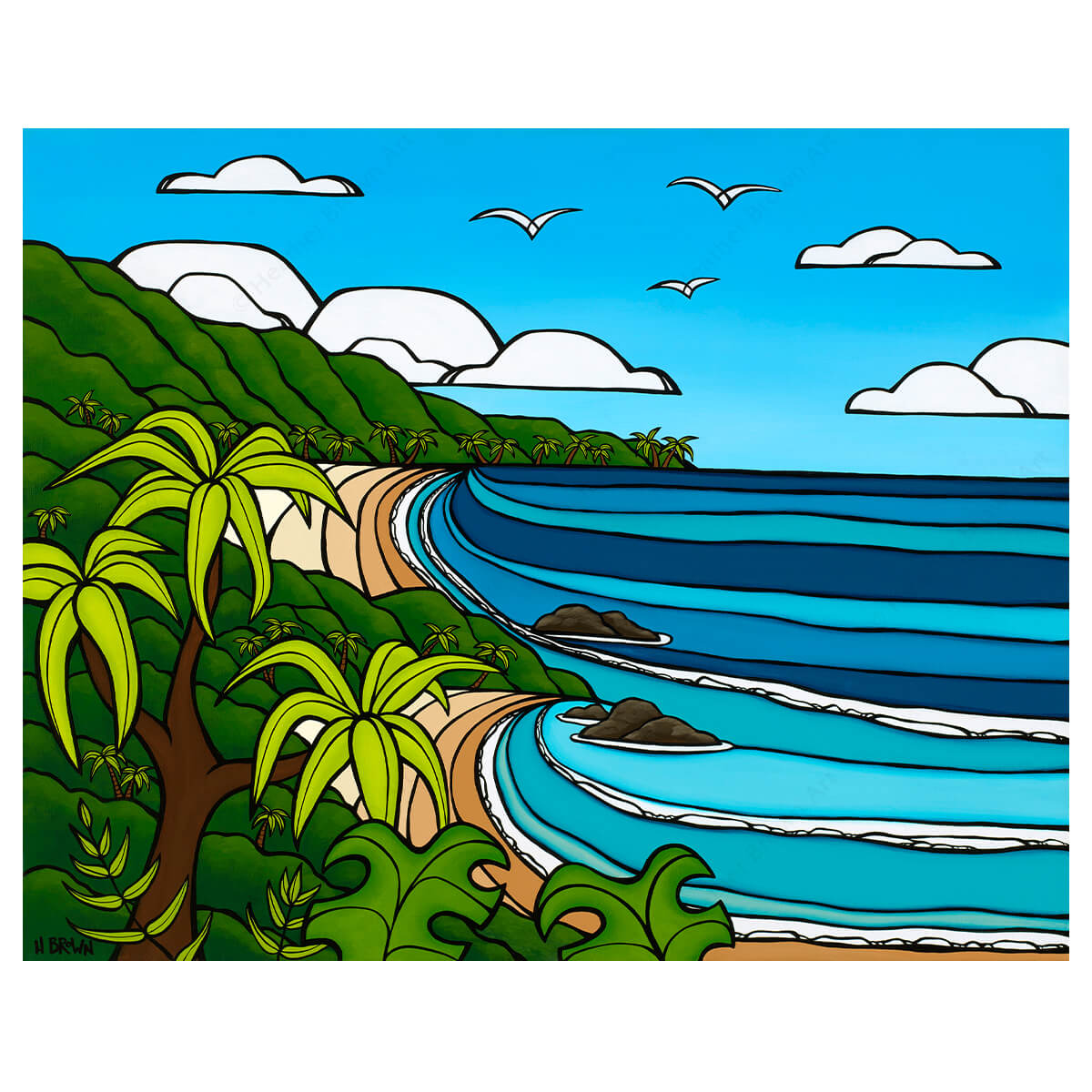 matted tropical seascape art print of outer island paradise by Kauai artist Heather Brown - full image