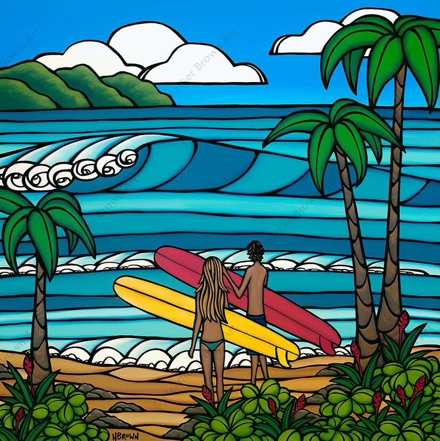 A Day in the Life - A serene painting of a couple out for a day of surf and sea by tropical artist Heather Brown