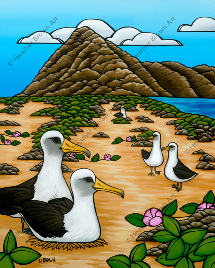 Albatross at Ka'ena Point- Matted print of a peaceful Hawaiian view by Oahu surf artist Heather Brown