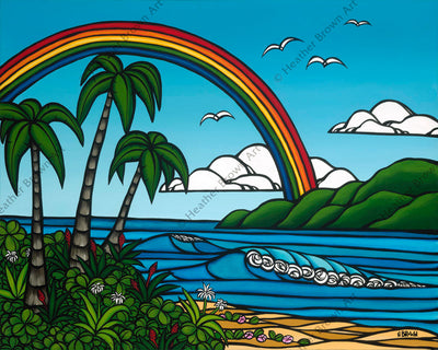 Hawaii art by Heather Brown showing palm tree, rolling waves and a rainbow
