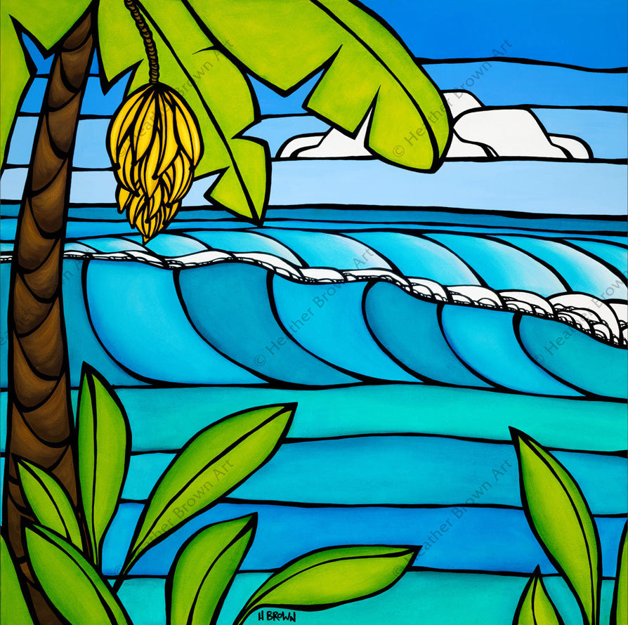 Banana Tree by Heather Brown - Painting featuring a lovely banana tree and a view of the clear, blue ocean.