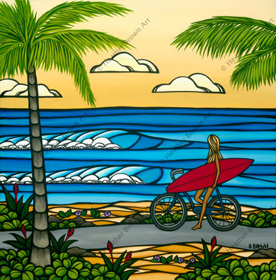 Beach Cruise - Surfer girl biking to the beach to catch the morning waves out on the North Shore of Oahu by surf artist Heather Brown