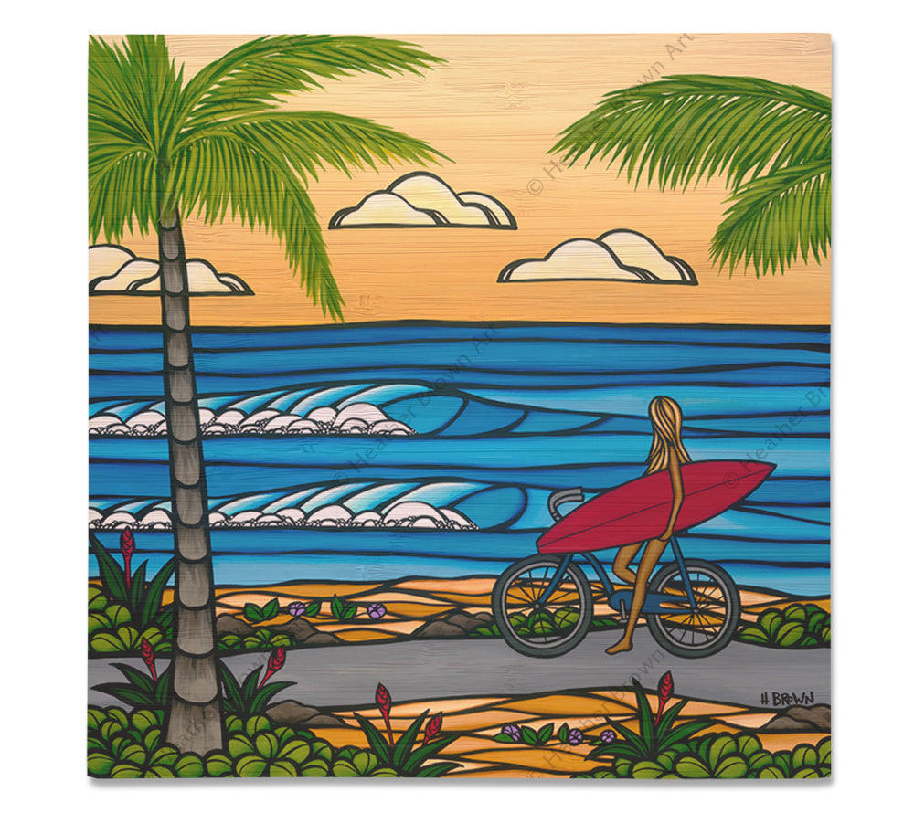 Beach Cruise - Bamboo wood print of a girl biking to the beach for a day of epic surfing by tropical artist Heather Brown