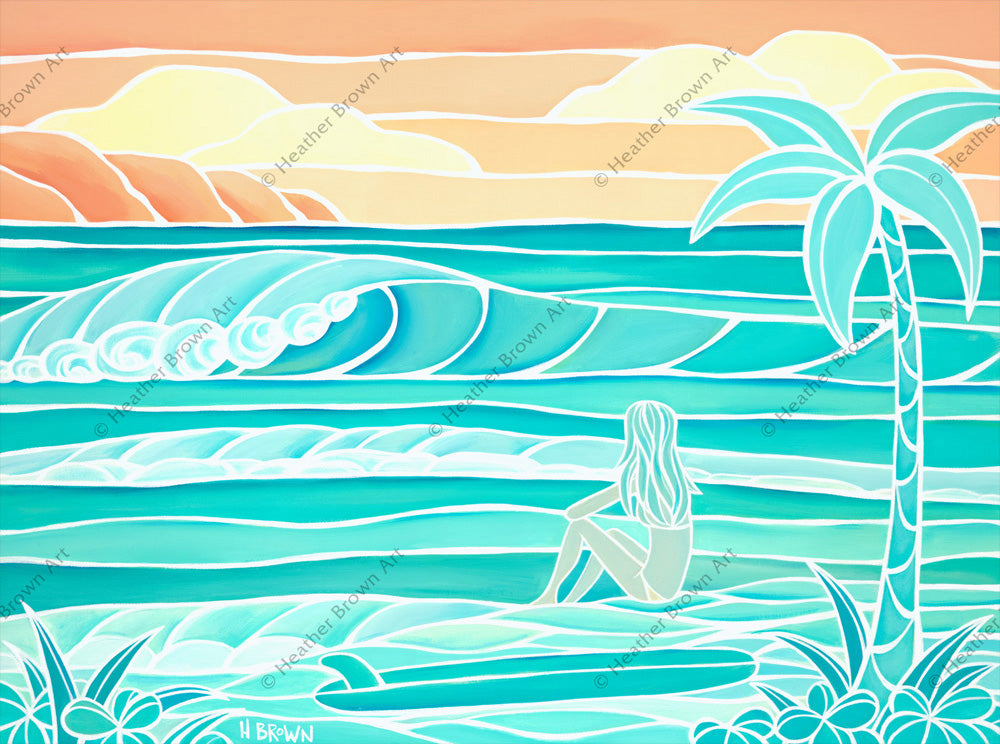 Beach Girl - A vibrant, two-toned painting of a surfer girl looking out at the waves by Hawaii artist Heather Brown