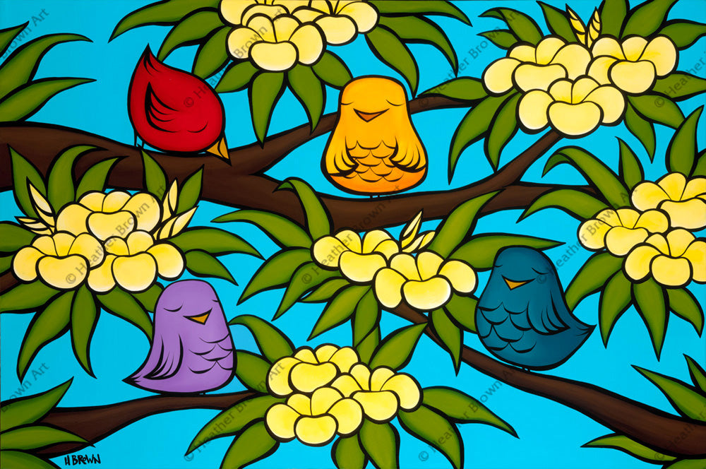 Bird Ohana - Painting of happy little birds enjoying the smell of the plumeria tree by Heather Brown