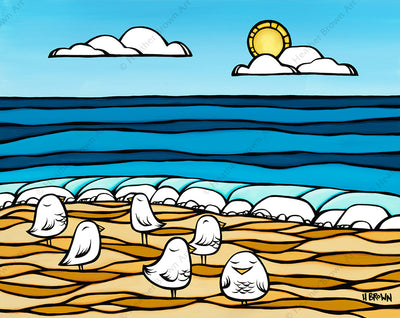 Birds Under the Sun - Matted print of a flock of birds enjoying a beautiful sunny day at the beach by Heather Brown