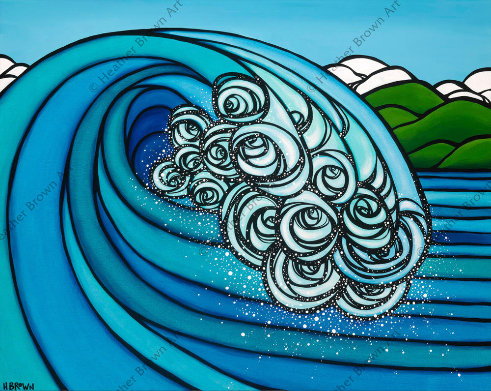 Blue Barrel wave painting of the north shore by Heather Brown