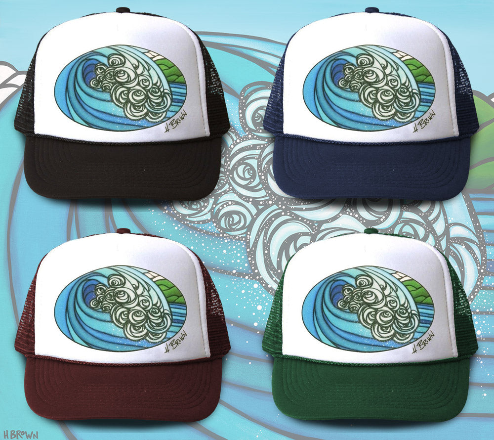 Blue Barrel Trucker Hat by Hawaii artist Heather Brown